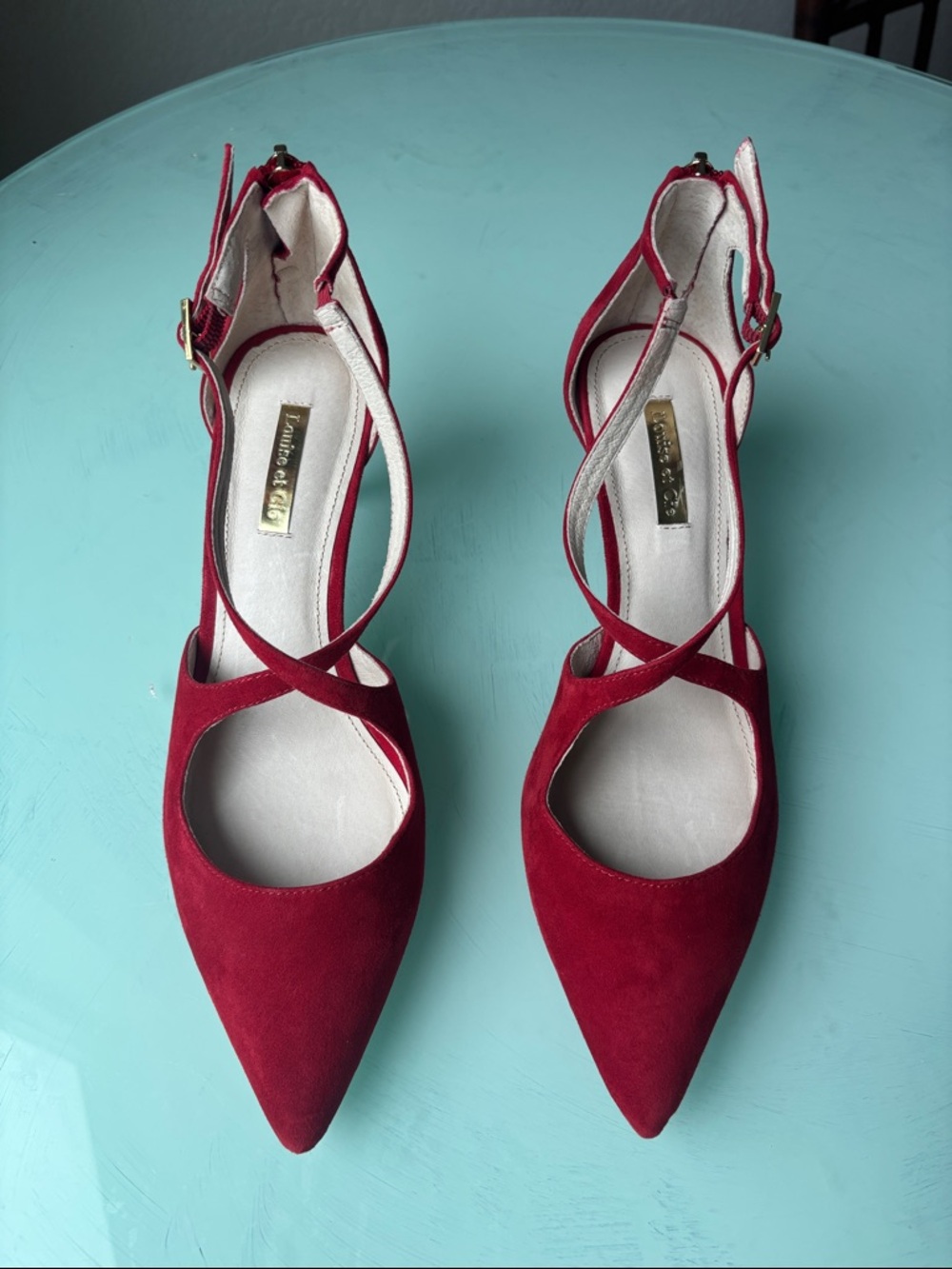 Louise et Cie Red Suede Pointed Crisscross Ankle Strap Heels